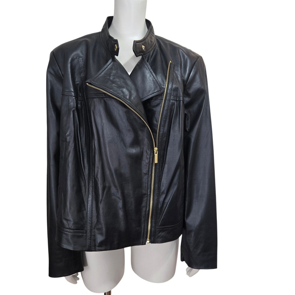 Michael Kors Lamb Leather Jacket Women 2X Black Gold Asymmetric Moto biker NEW
